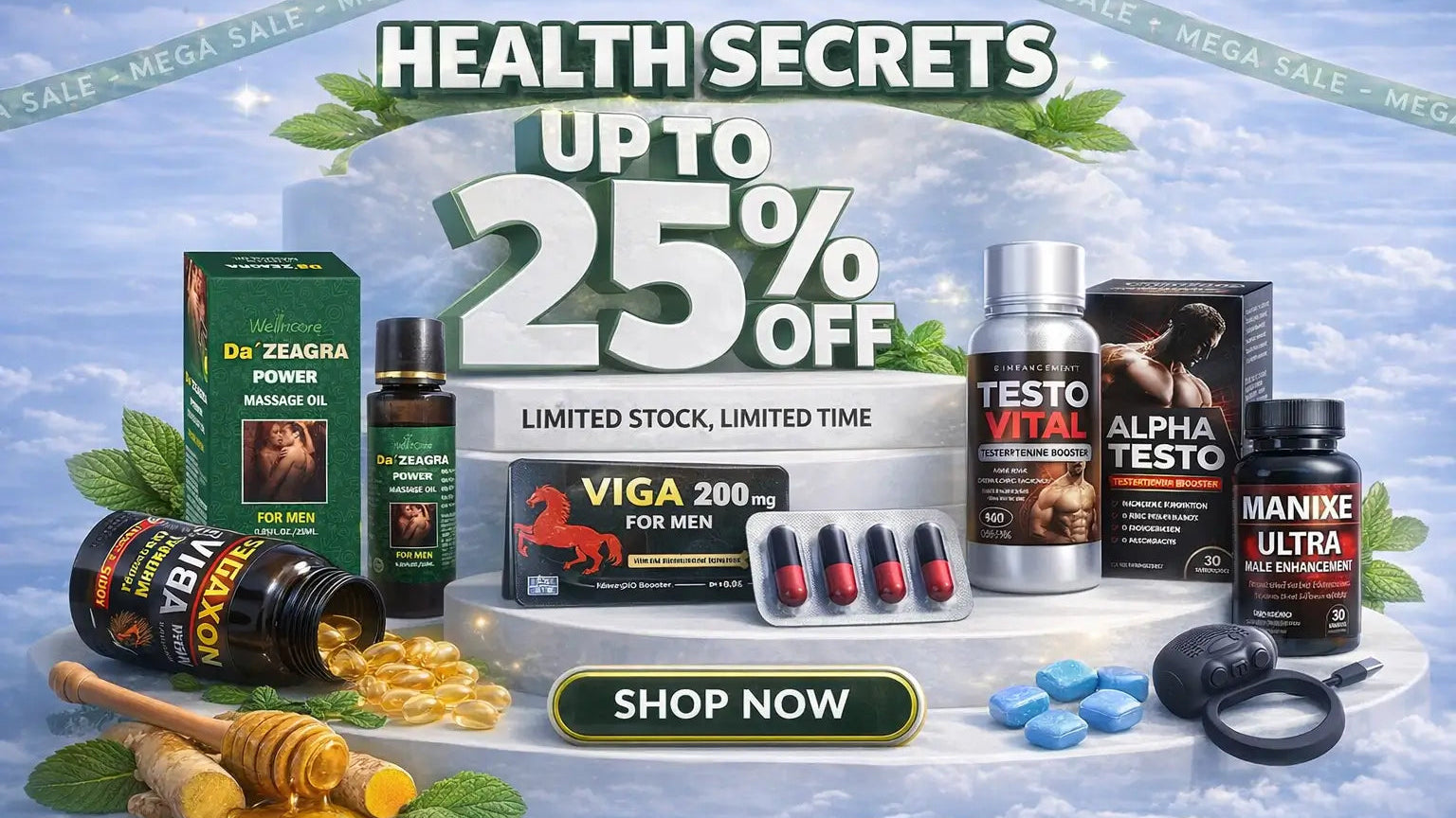 Promotional image of health supplements with 'Health Secrets' text and product display.